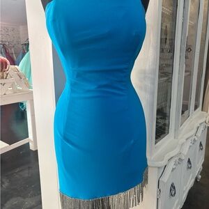 Size 16 Electric Blue Strapless Dress with Fringe